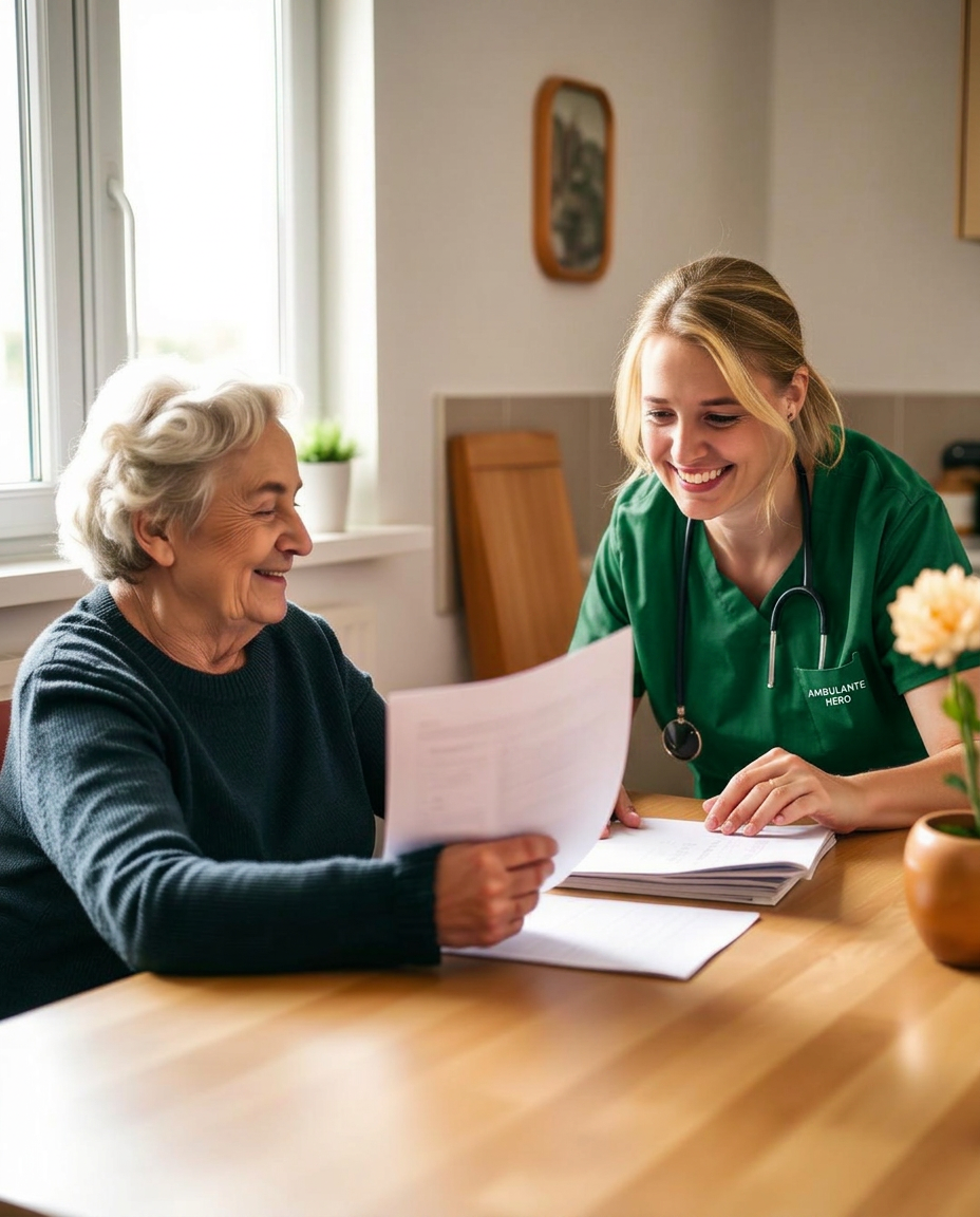 Pflegekraft und Seniorin besprechen gemeinsam Unterlagen